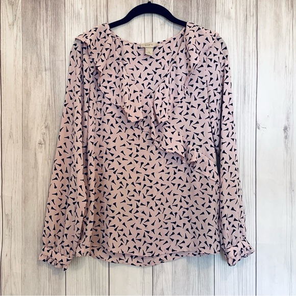 Loft Pink and Black Patterned Faux Wrap Ruffle Blouse Size XS - Picture 1 of 5